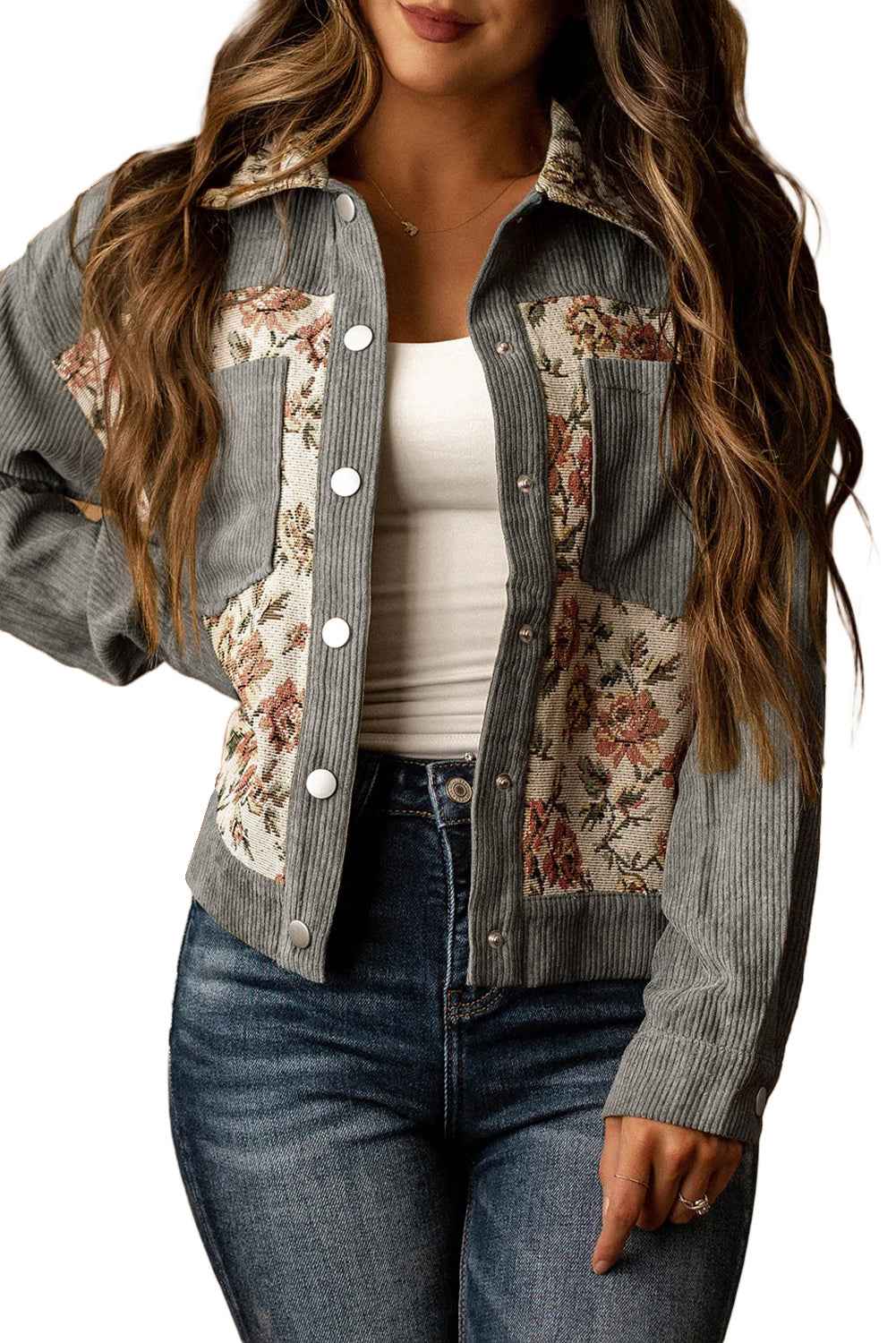 Medium Grey Corduroy Floral Patchwork Vintage Jacket a7c902f5e51c56aa
