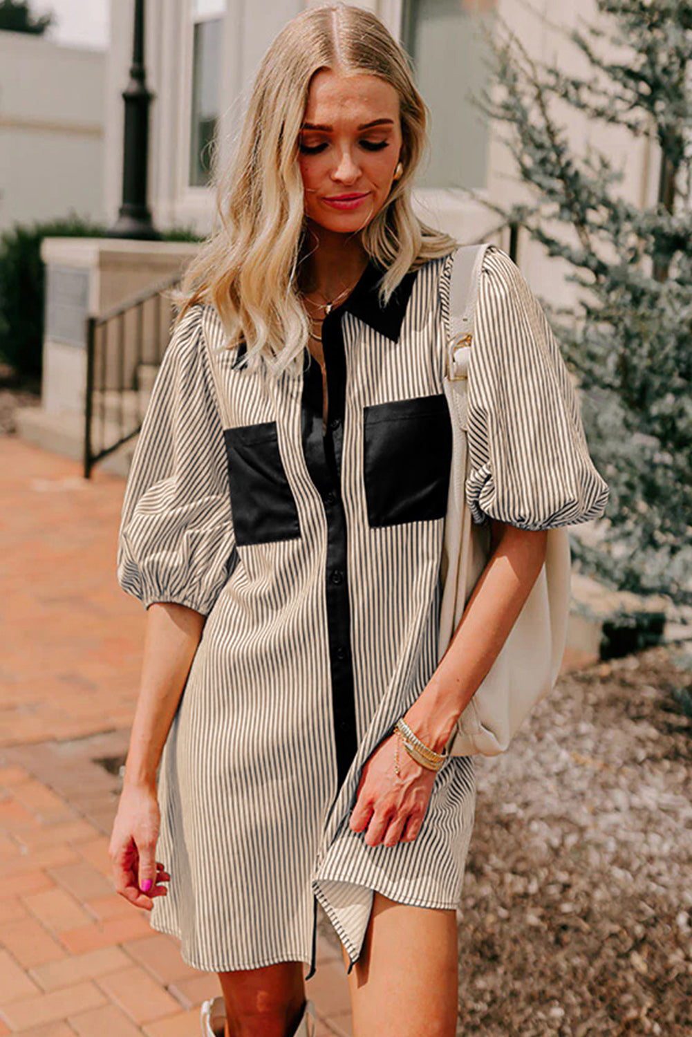 Green Stripe Color Block Patchwork Shirt Collar Button Down Puff Sleeve Mini Dress a7c915ab06388a48