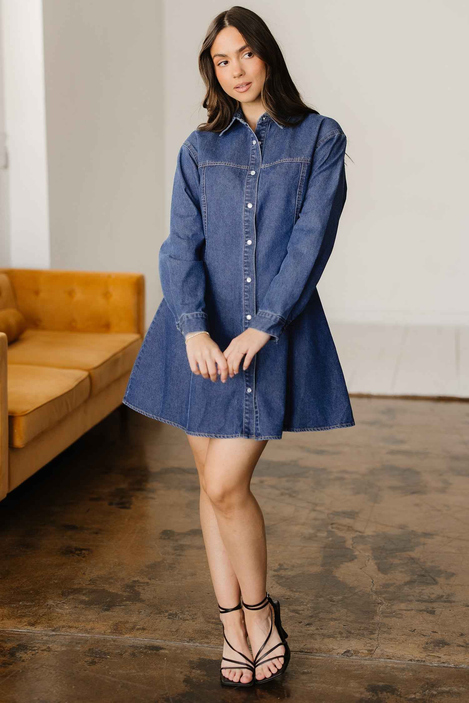 Ashleigh Blue Denim Shirt Collar Long Sleeve Flared Mini Dress a7cdf6c62c76afc8