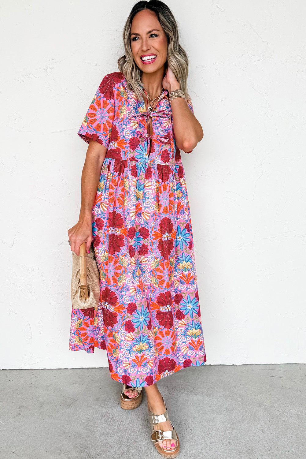 Rose Floral Print Tie Front High Waist Loose Midi Dress a7dc284ab043aa91