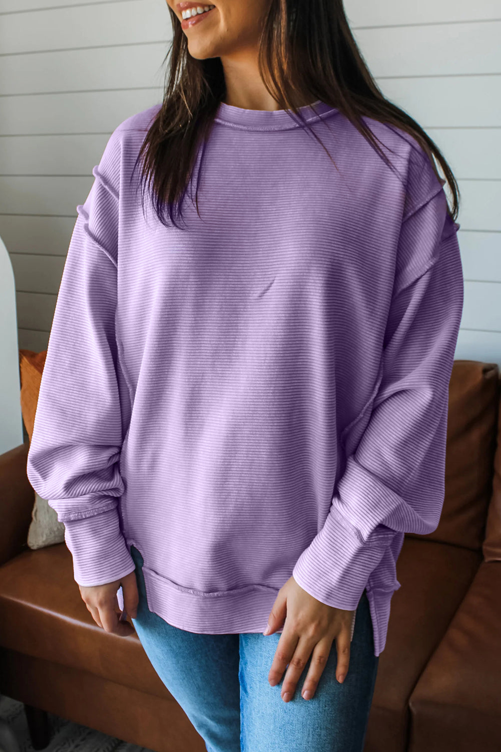 Lavendula Horizontal Ribbed Exposed Seam Detail Drop Shoulder Baggy Pullover Lavendula 95%Polyester+5%Elastane a7df8e2126120f98