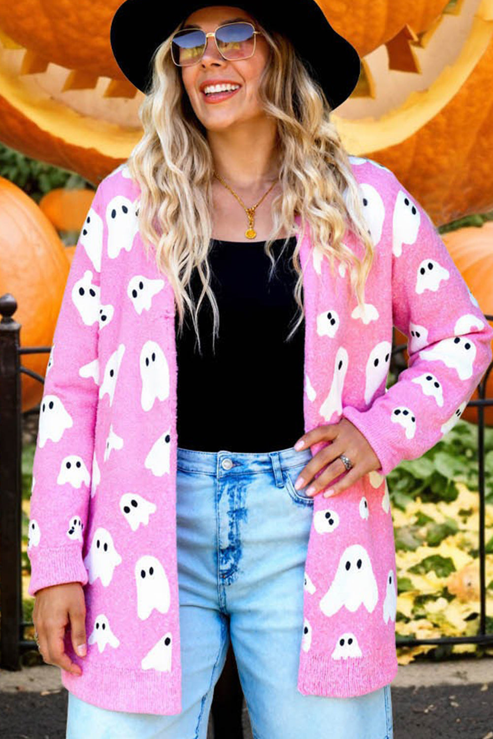 Black Halloween Ghost Pattern Mid length Knitted Cardigan a7e1b5b388155cae