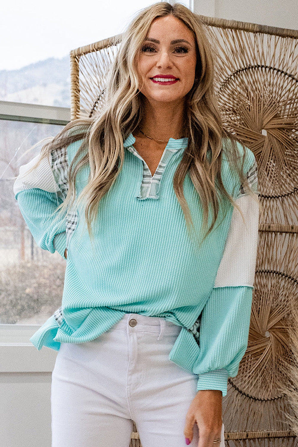 Aruba Blue Corded Texture Plaid Patchwork Split Neck Long Sleeve Top a7e37c9c9dd497da