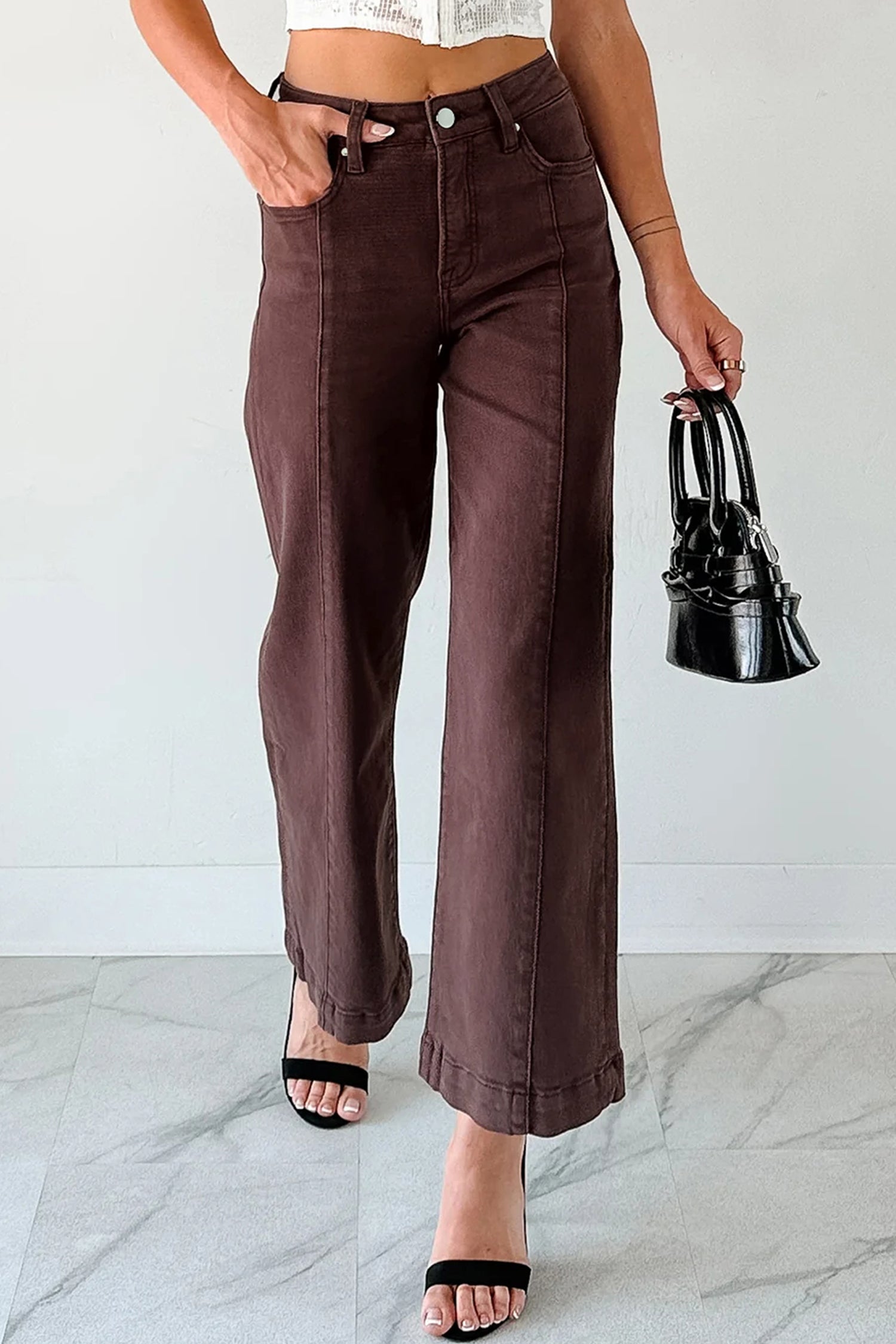 Apricot Solid Color Seamed Center Wide Leg Cropped Jeans a7e3bd1f91ad57e6