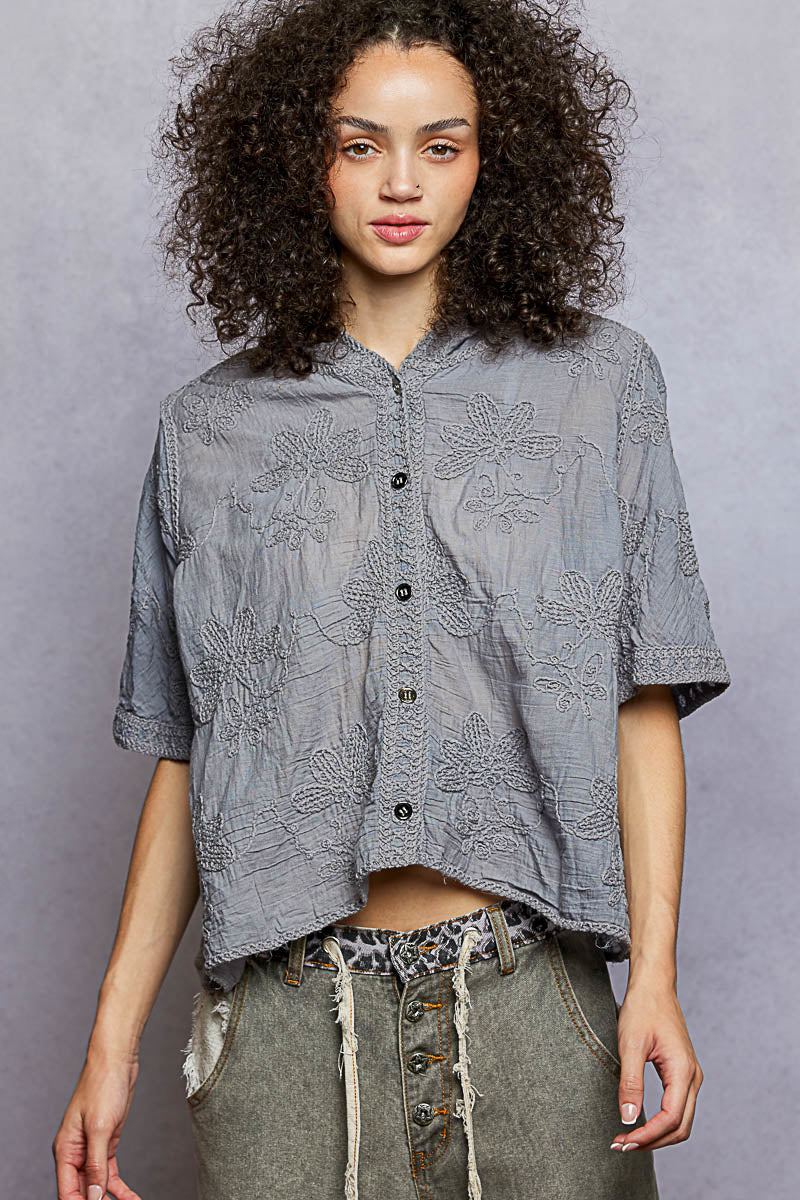 POL Button Front Floral Stitching Breathable Hooded Shirt a7e88781-0231-4e98-ba8e-f6eb0f7a17ea-Max