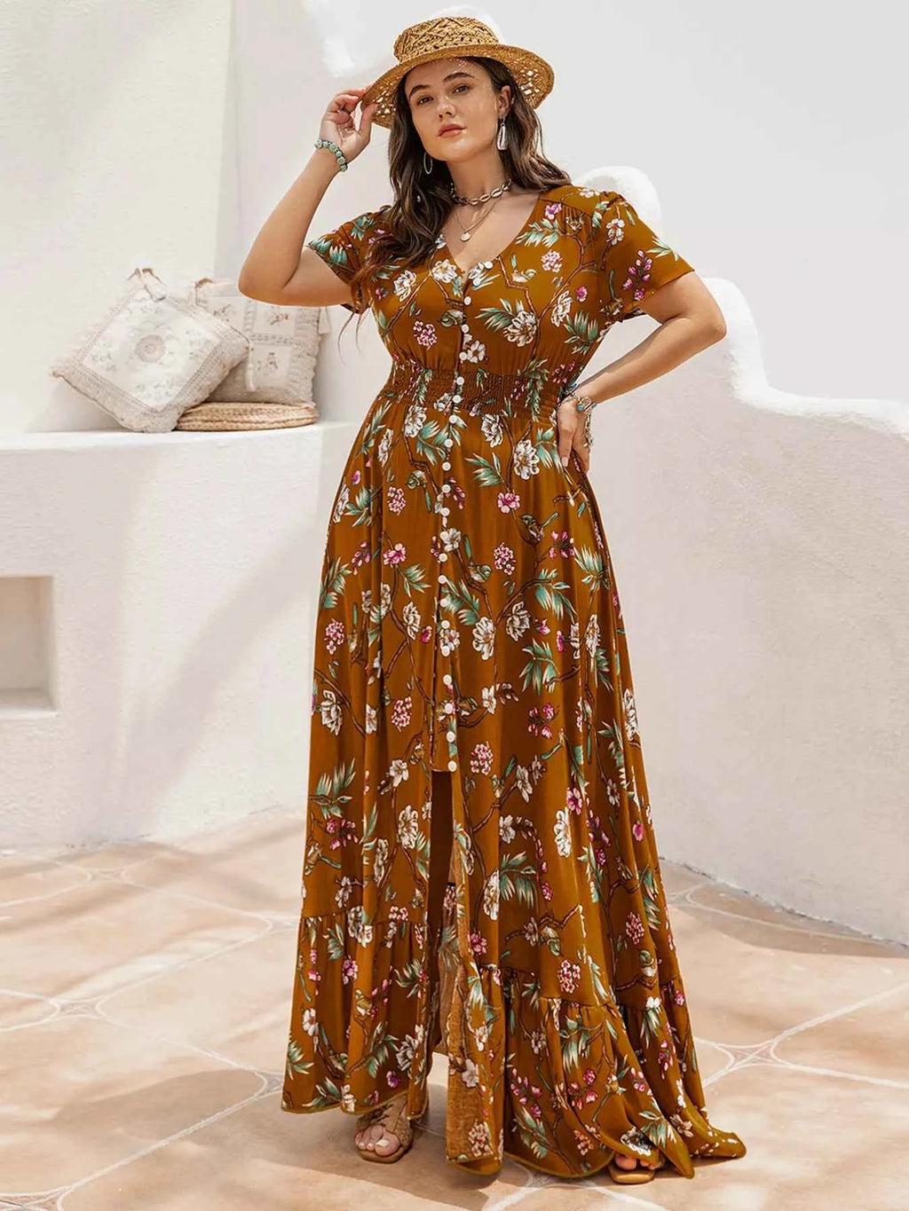 Plus Size Floral V-Neck Short Sleeve Dress a7e8e0d2-b82b-4a4e-b783-17b27510edc3-Max-Origin