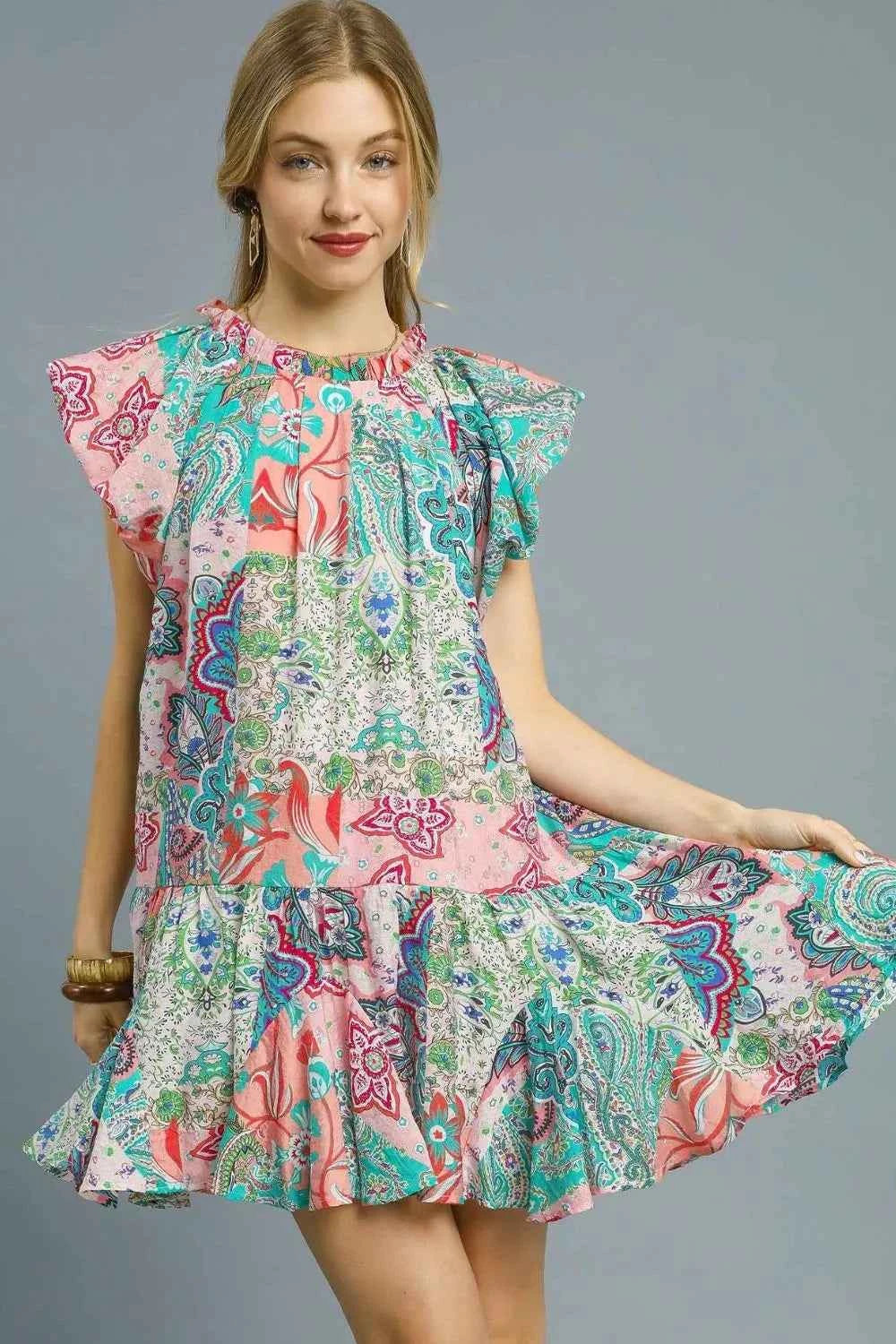 Printed Ruffle Cap Sleeve Mini Dress Blush Pink a7e93b4c-8814-4421-8061-cf79263cc71b-Max-Origin
