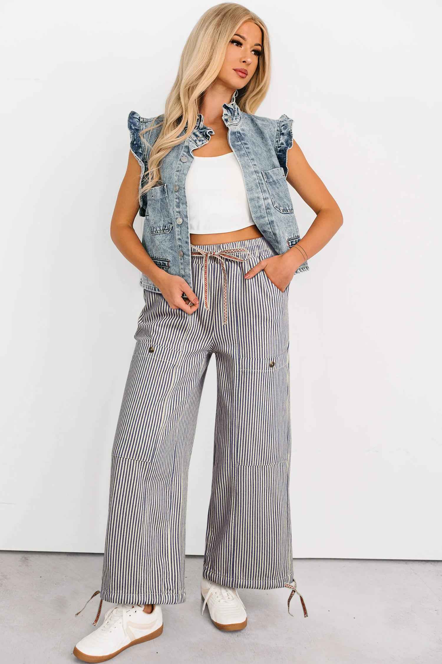 Khaki Stripe Button Patch Pocket Drawstring Elastic Waist Loose Pants a7ec1357eb7620df