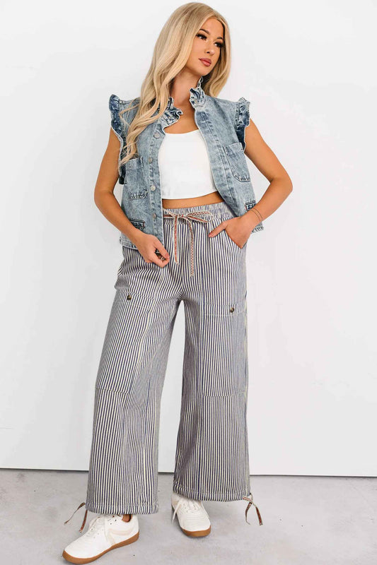 Khaki Stripe Button Patch Pocket Drawstring Elastic Waist Loose Pants a7ec1357eb7620df