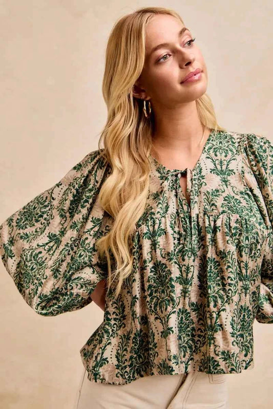 Printed Woven Front Tied Blouse with Baloon Sleeve a7f10406950a413f84e4187c0e1510fe-Max-Origin