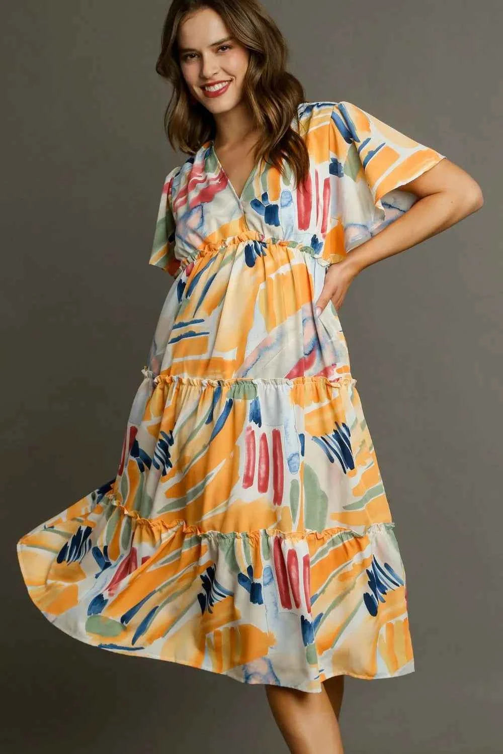 Umgee Full Size Abstract Print Flutter Sleeve Frill Tiered Midi Dress Plus Size TANGERINEMIX a7f1908f-d979-4297-ba61-f1ac31d09f55-Max