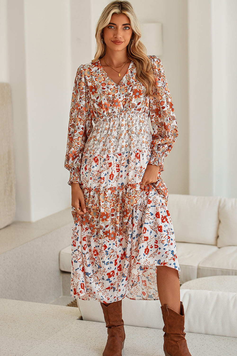 Khaki Floral Print Ruffled Tiered Long Sleeve V Neck Midi Dress a7f7556fd469c150