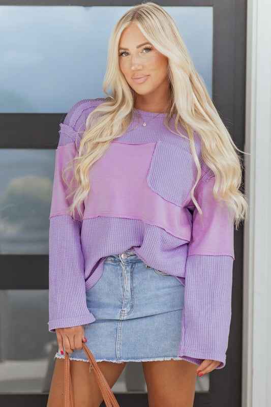 Colorblock Waffle Knit Patchwork Long Sleeve Top a7fc0df8-961d-4e53-82cb-6daf655a2759