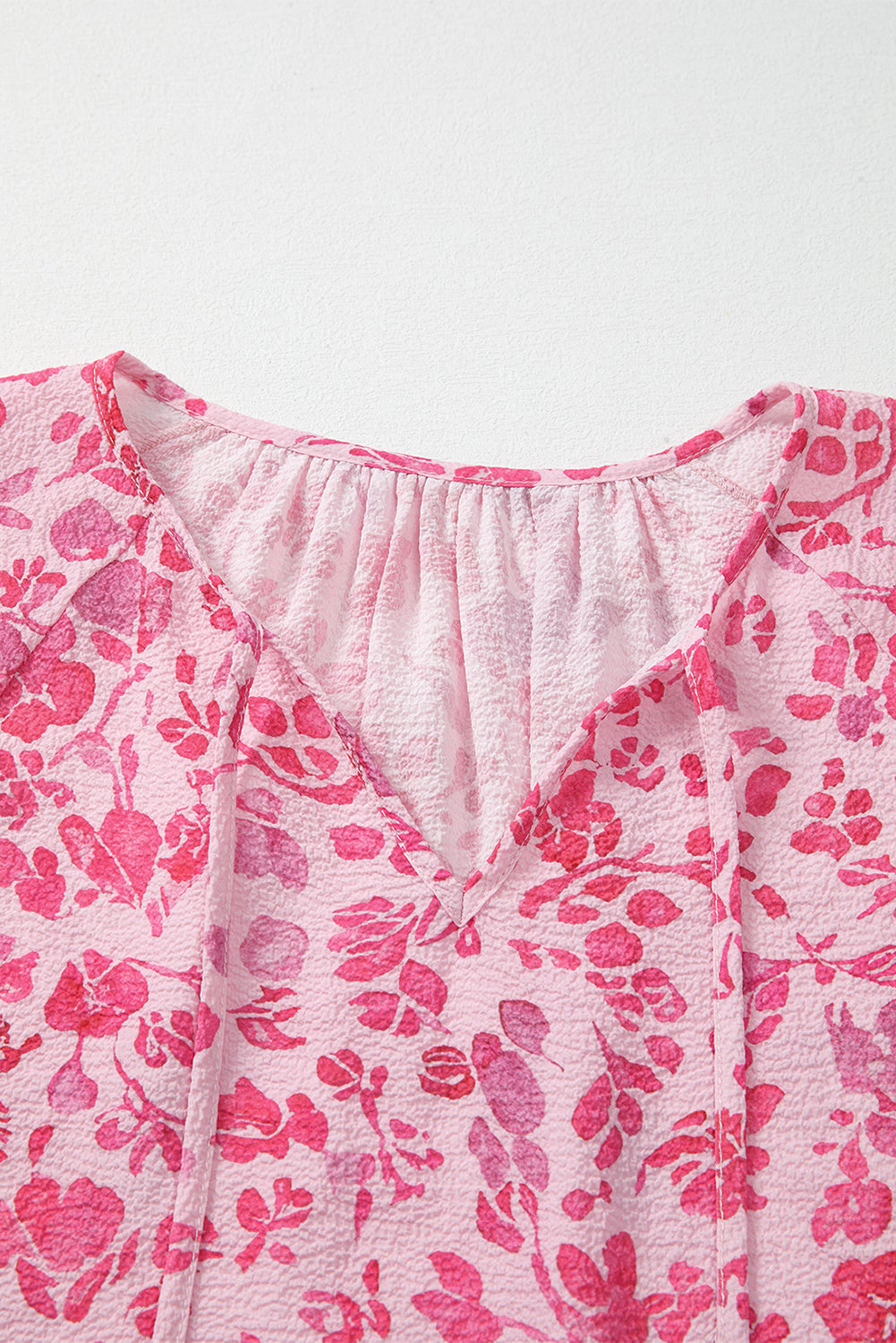 Pink Floral Puff Sleeve Split Neck Blouse a7fed79ce5be5988