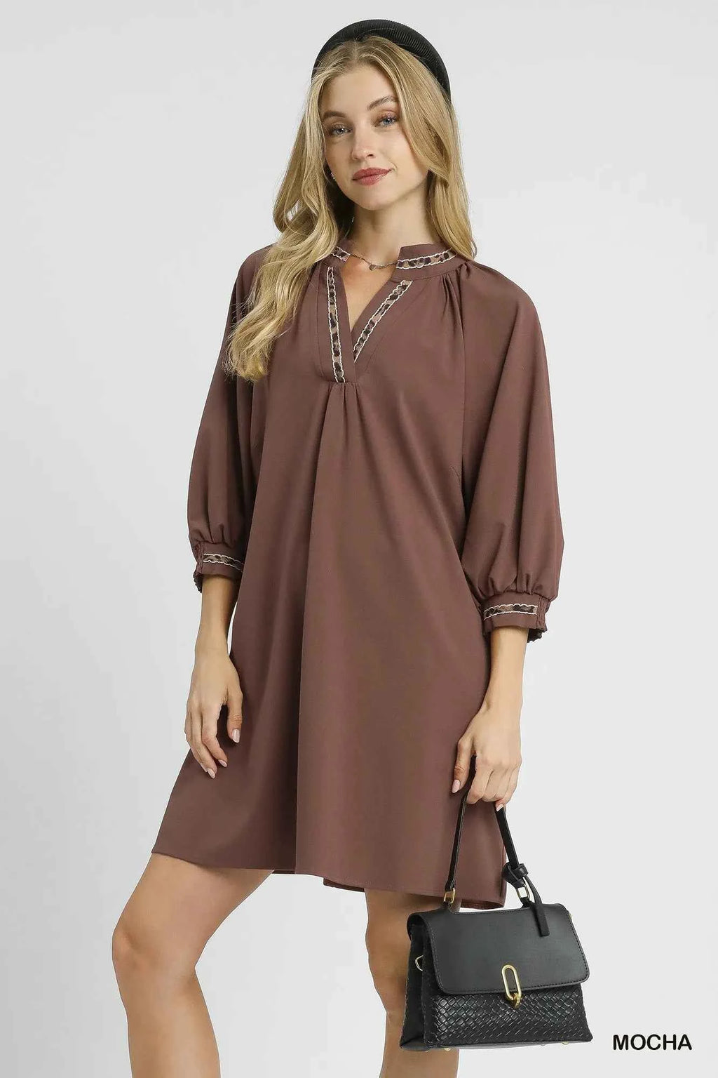 Umgee Notched Shift Dress with Trim Detail Mocha a8009d1d-a759-4576-bf06-8ec4ed6f76c4-Max-Origin