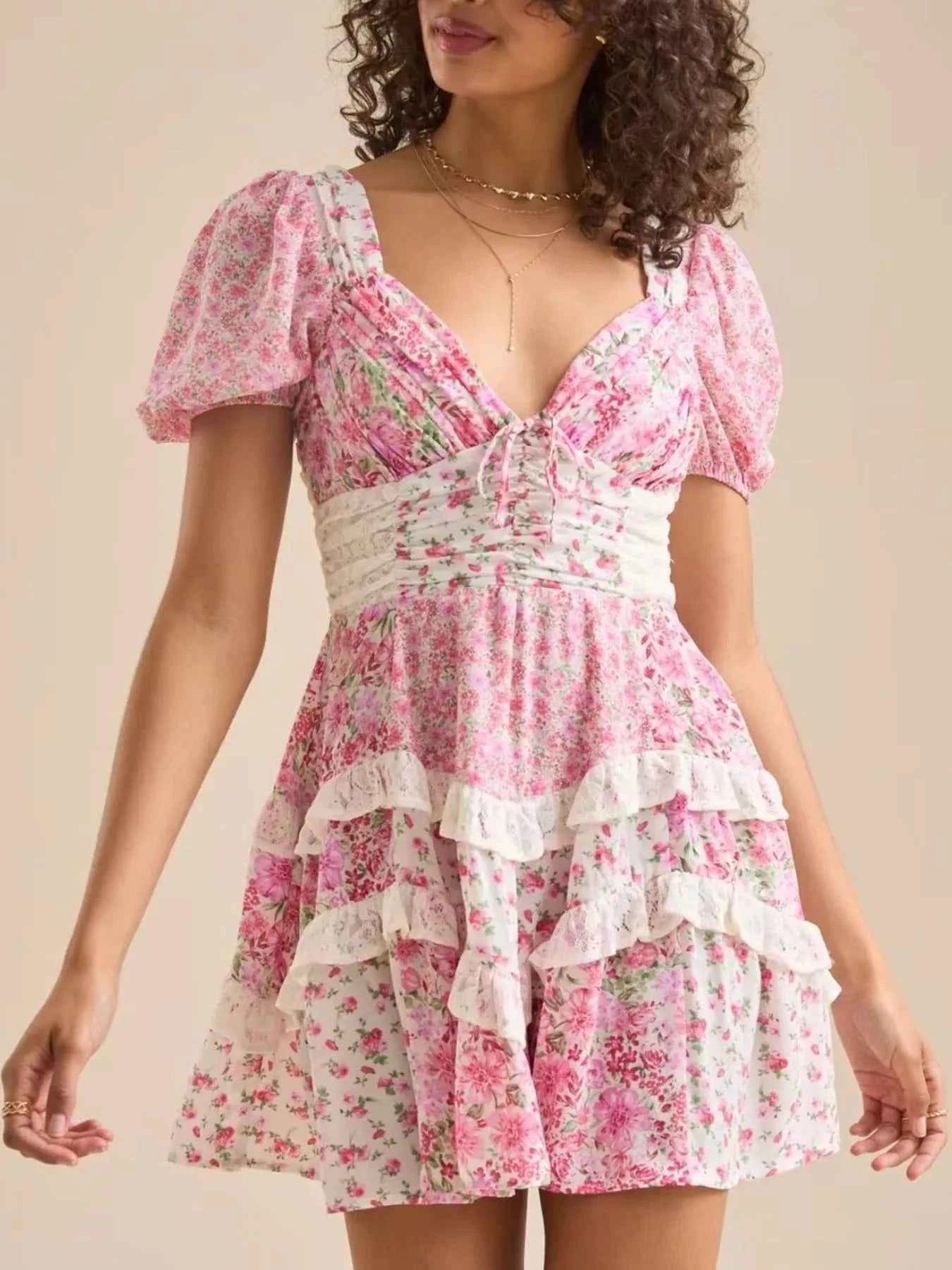 Floral Puff Sleeve Tiered Mini Dress A Pink a800e6d6-dce6-47f8-a2ad-88f9a1052fdc-Max-Origin