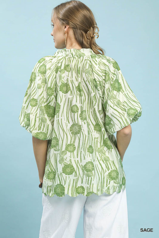 Floral Scalloped Edge Puff Sleeve Blouse with High-Low Curved Hem a80749b5-102d-4a8c-92ca-021e2f89b314-Max