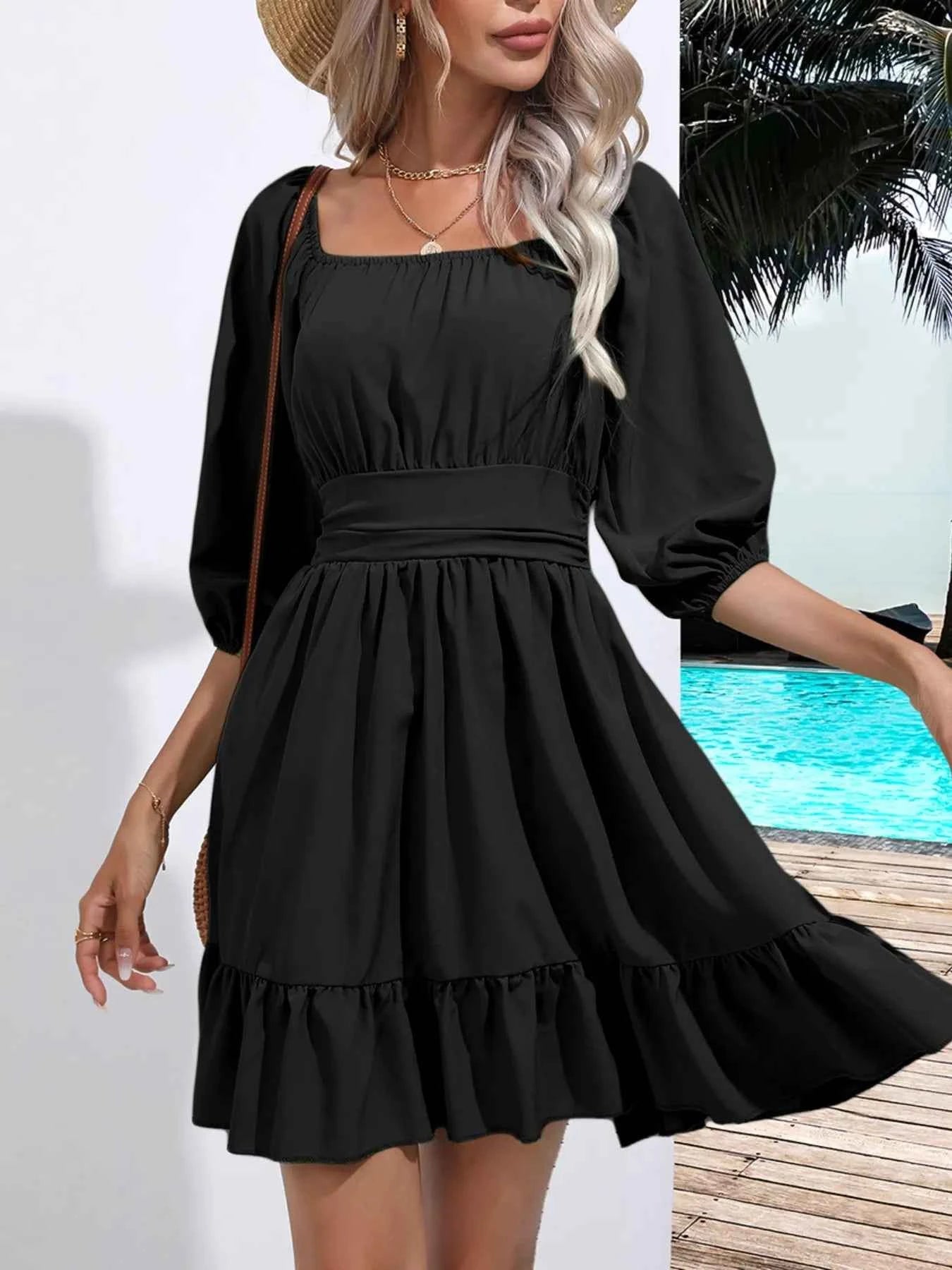 Tie Back Ruffled Hem Square Neck Dress a8080ff6-77ee-431e-aa6b-72e7957f2ce3-Max-Origin