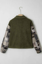 Jungle Green Ribbed Fleece Plaid Print Patchwork Button Up Jacket a8083bdddc5cad40