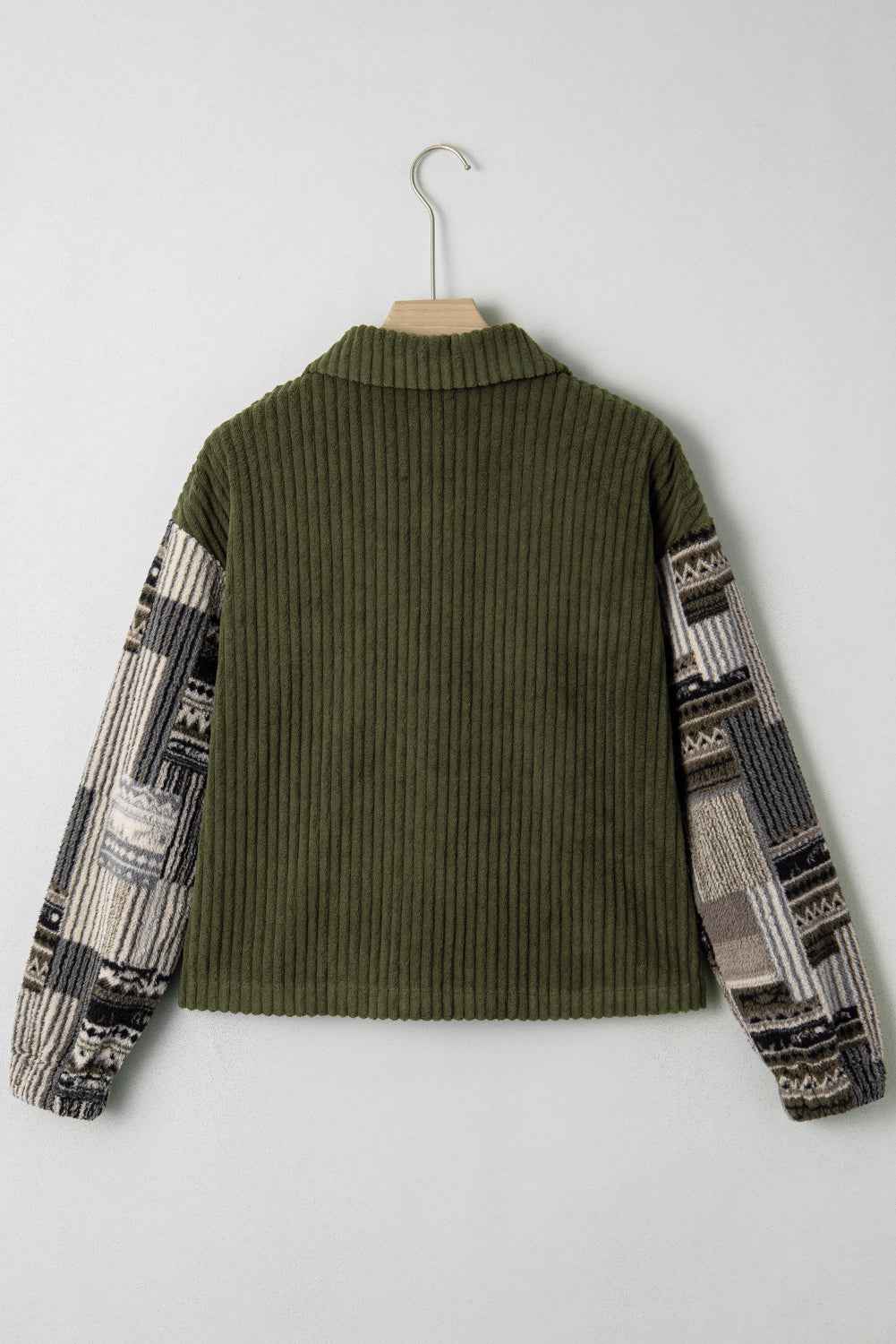 Jungle Green Ribbed Fleece Plaid Print Patchwork Button Up Jacket a8083bdddc5cad40