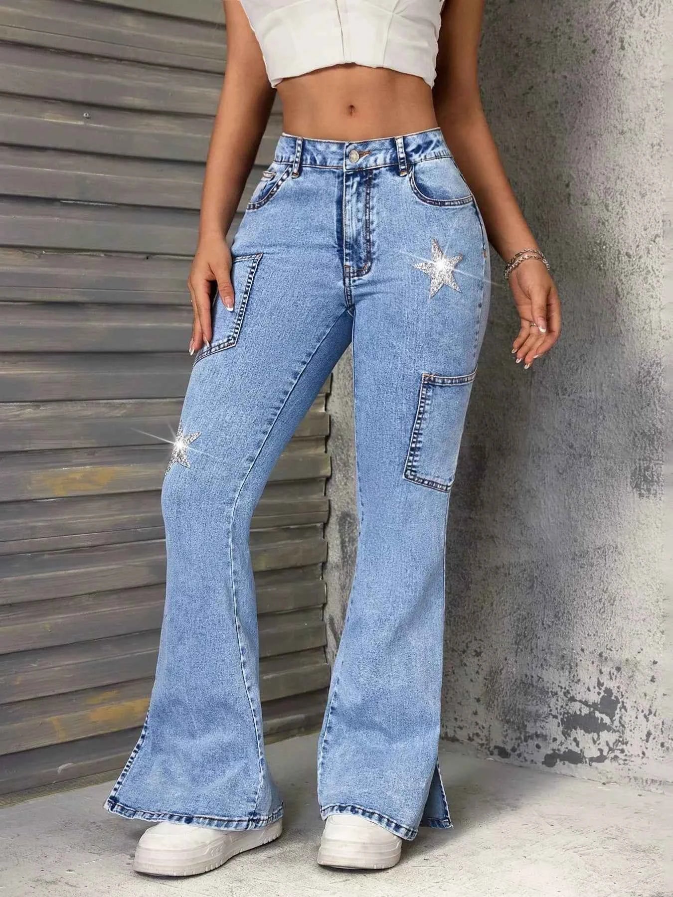 Slit Star Flare Leg Jeans Blue a80b6da7d09a4abf9db4882edfd82bbb-Max-Origin