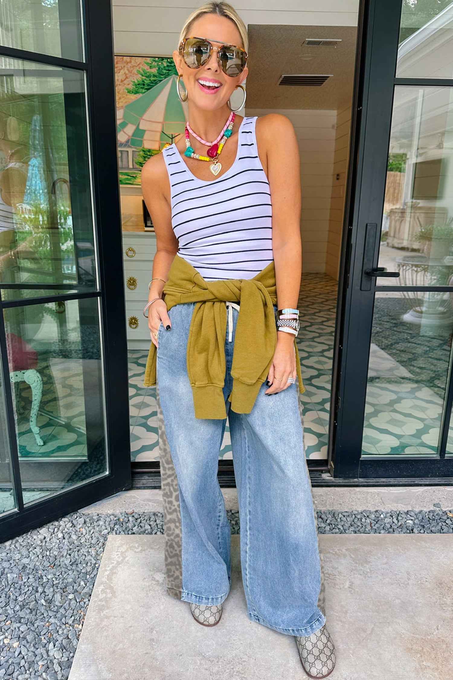 Beau Blue Drawstring Elastic Waist Leopard Striped Side Panel Wide Leg Jeans a80c2dc805bdc88a