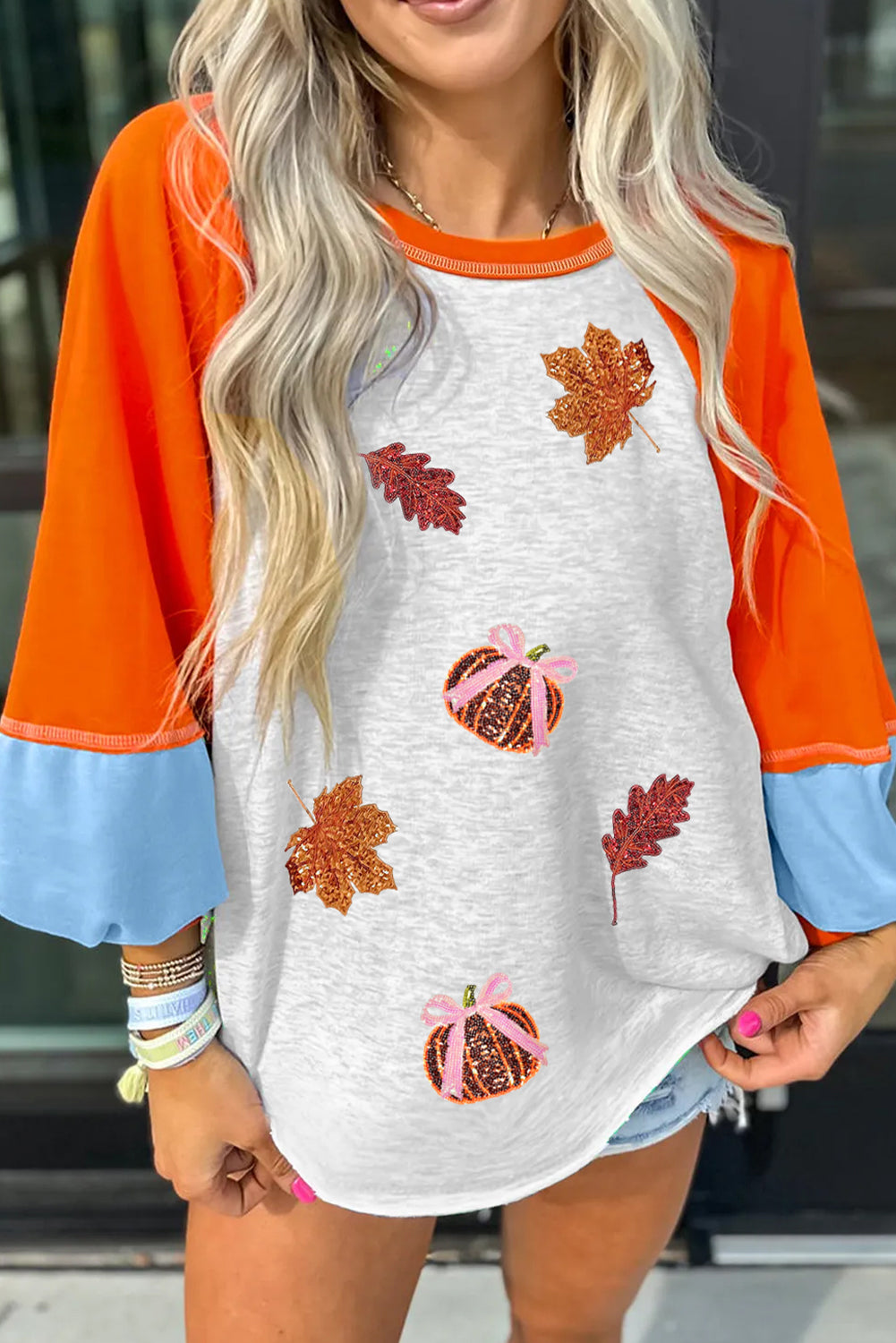 Light Grey Sequin Pumpkin Fall Elements Patched Patchwork Long Sleeve Top a80d5d7a400e20d8