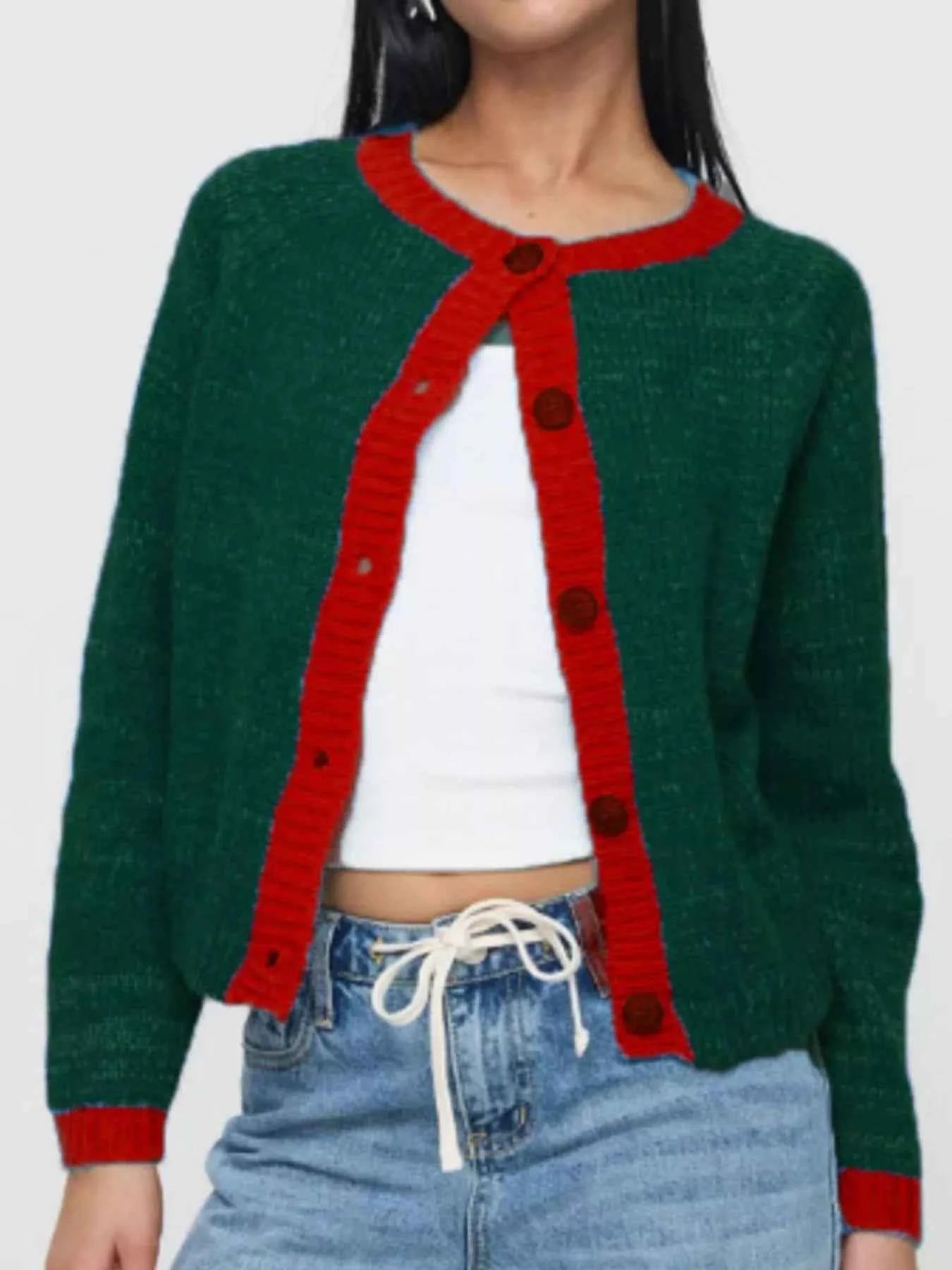 Contrast Trim Button-Up Cardigan Green a80e30b4-8790-4801-b421-2ba01f920c0f-Max-Origin