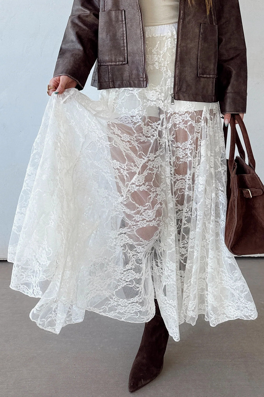 White Sheer Floral Lace Flowy Maxi Skirt a8137b191d8cc709