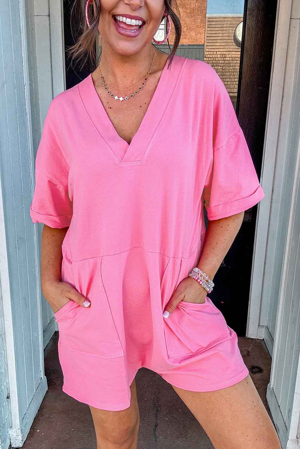 Bonbon Loose Half Sleeve V Neck Plain Romper Bonbon a81380e0f5a25aaa