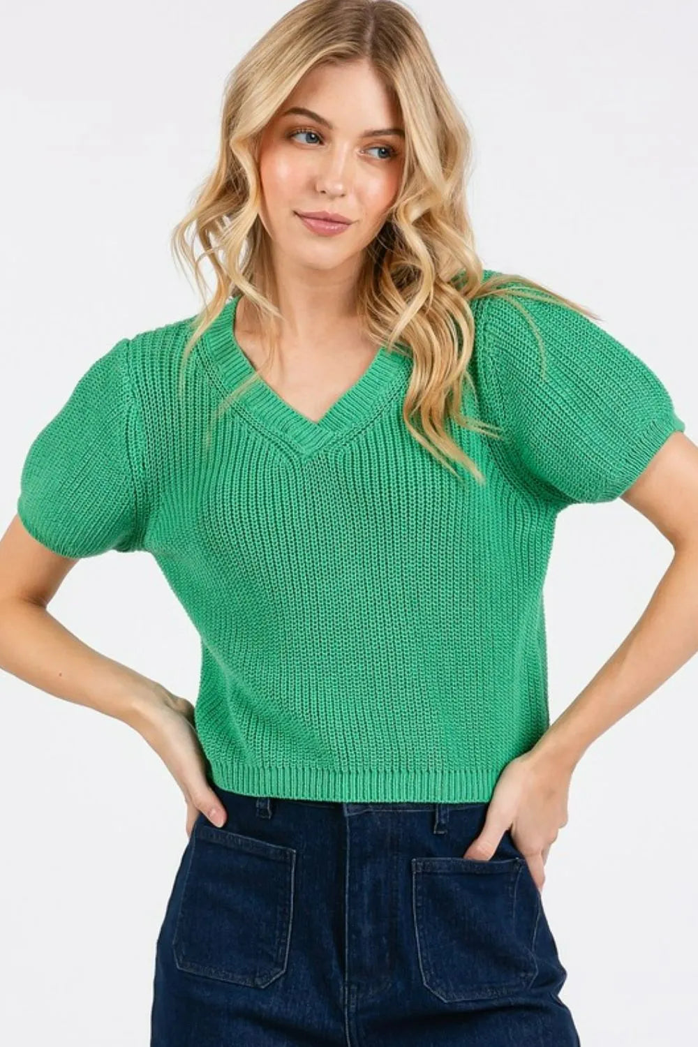 Mittoshop V-Neck Short Sleeve Crop Sweater Jade Green a81979e4-7559-4215-9f95-d3d94849baf2-Max