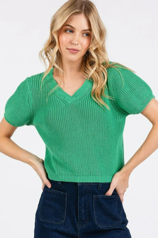 Mittoshop V-Neck Short Sleeve Crop Sweater Jade Green a81979e4-7559-4215-9f95-d3d94849baf2-Max