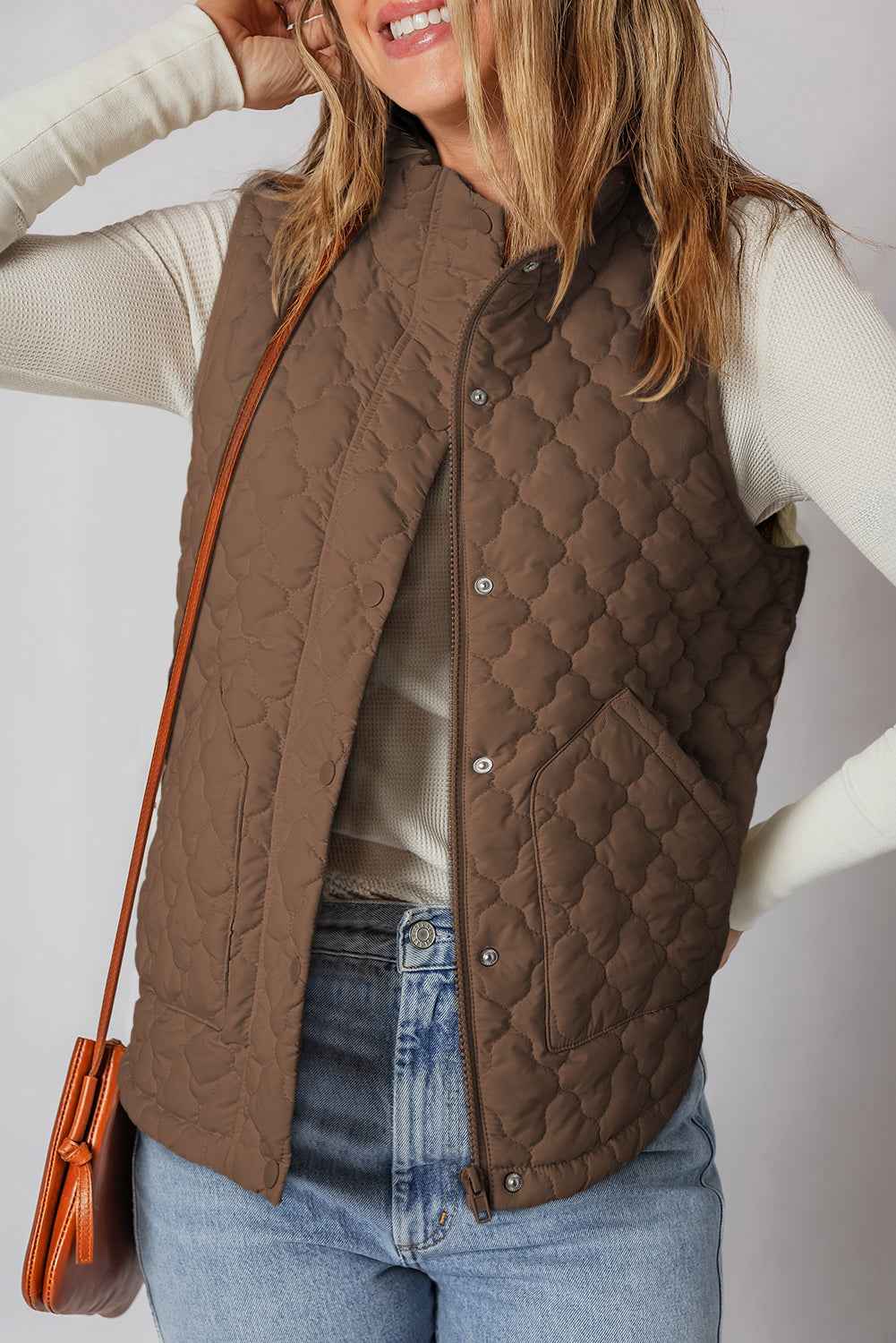 Dark Brown Flower Shape Quilted Snap Button Zip Up Winter Vest a81d9f430d950455