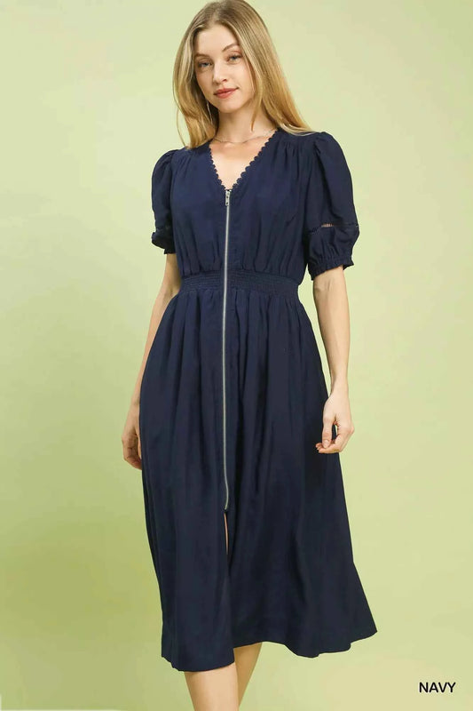 Umgee Zip-Front Smocked Waist Midi Dress NAVY a81ee6bb-fe3e-47dd-9a4a-0e033c7c3943-Max-Origin
