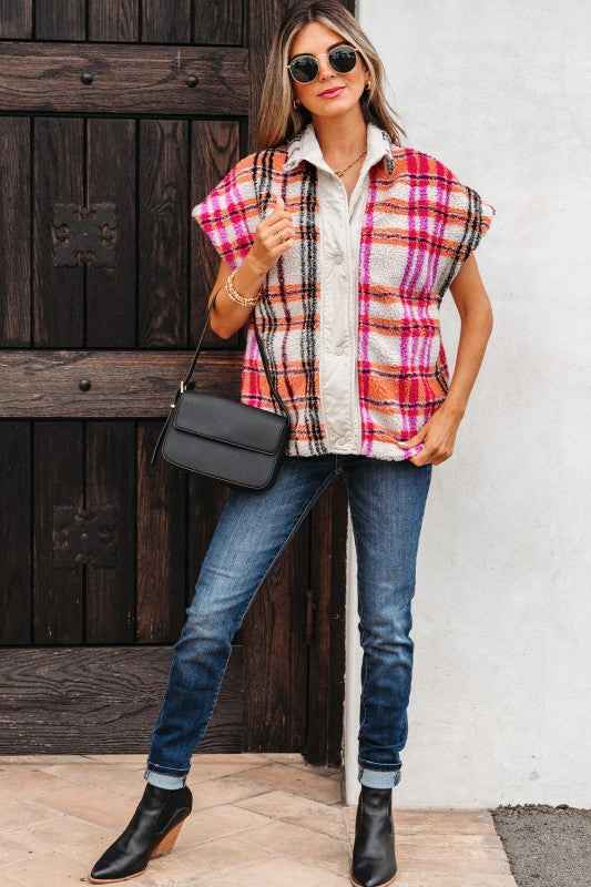 Plaid Sherpa Buttoned Jacket Vest a8211da6-9f0c-410d-a6fc-8491cdbdba24