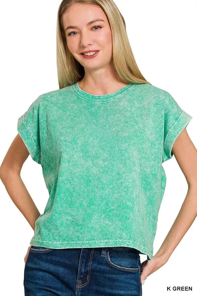 Halo Washed Cotton Cuffed Short Sleeve Top K GREEN a8230185a4ab47d096810bd61884d141-Max-Origin