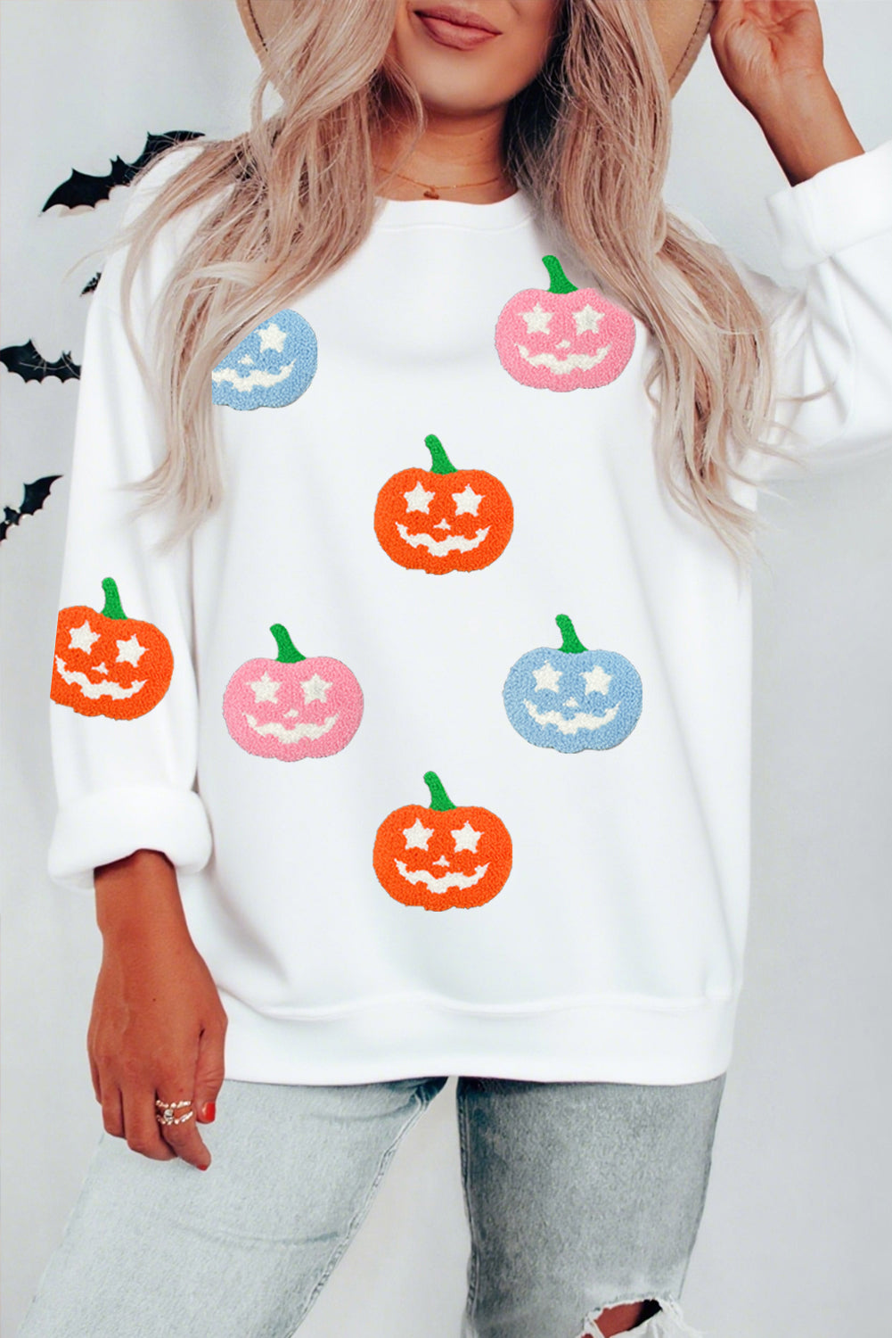 White Cute Halloween Pumpkin Sequins Patch Graphic Sweatshirt a82b5635f3377444