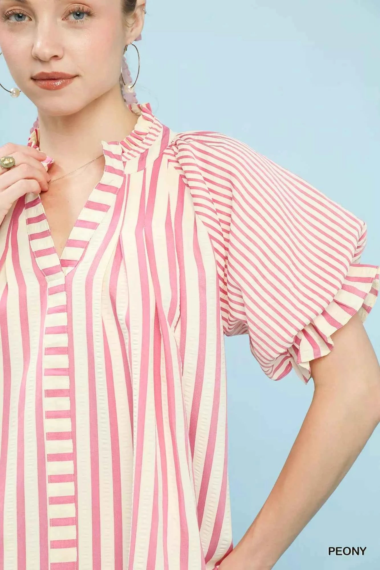 Umgee Striped Notched Top with Short Flutter Sleeves a83660e4-5a70-4bee-a08a-a47d84853824-Max-Origin