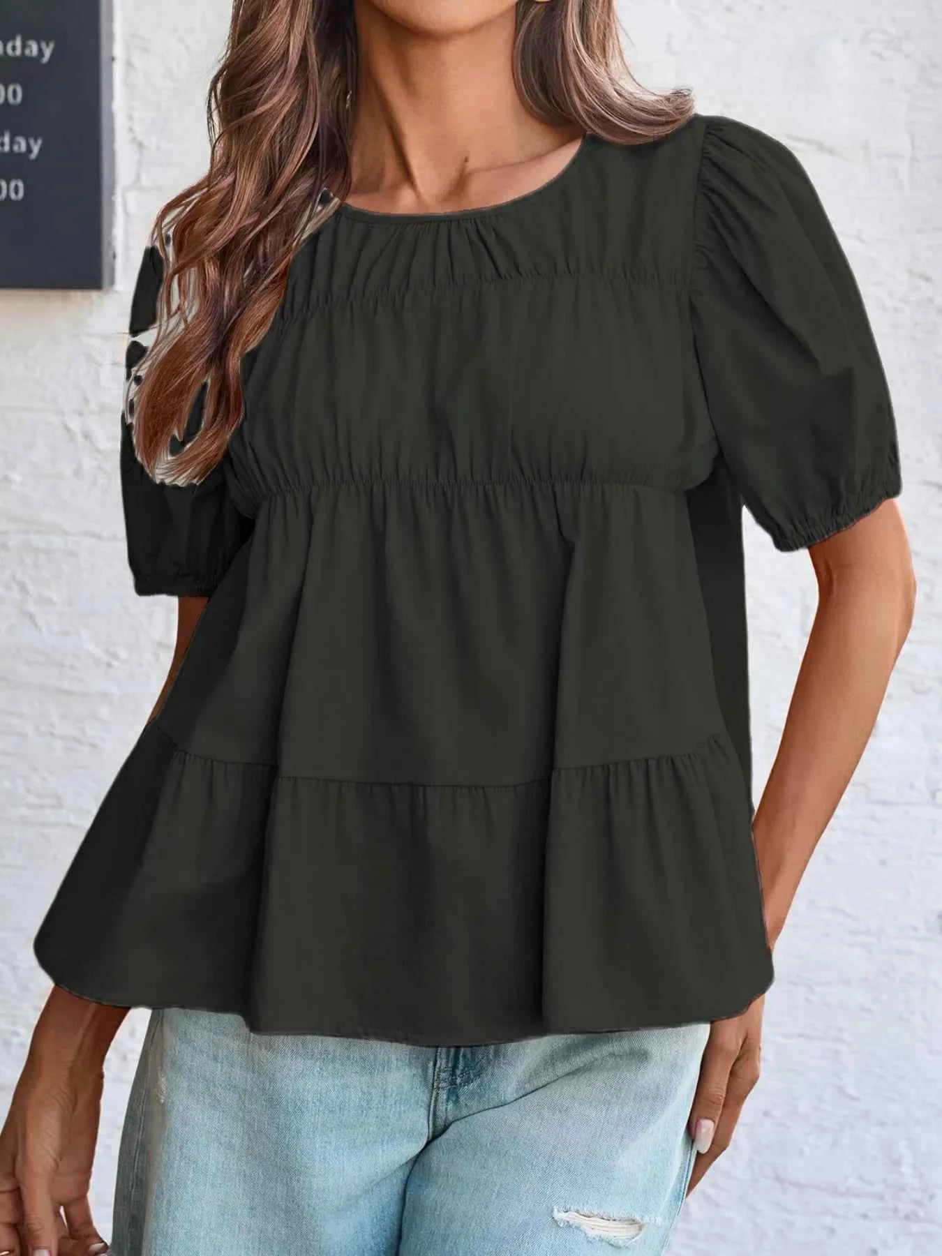 Tiered Round Neck Puff Sleeve Ruched Blouse Black a838a999-be70-4499-89c8-c4d80deb3edb-Max-Origin