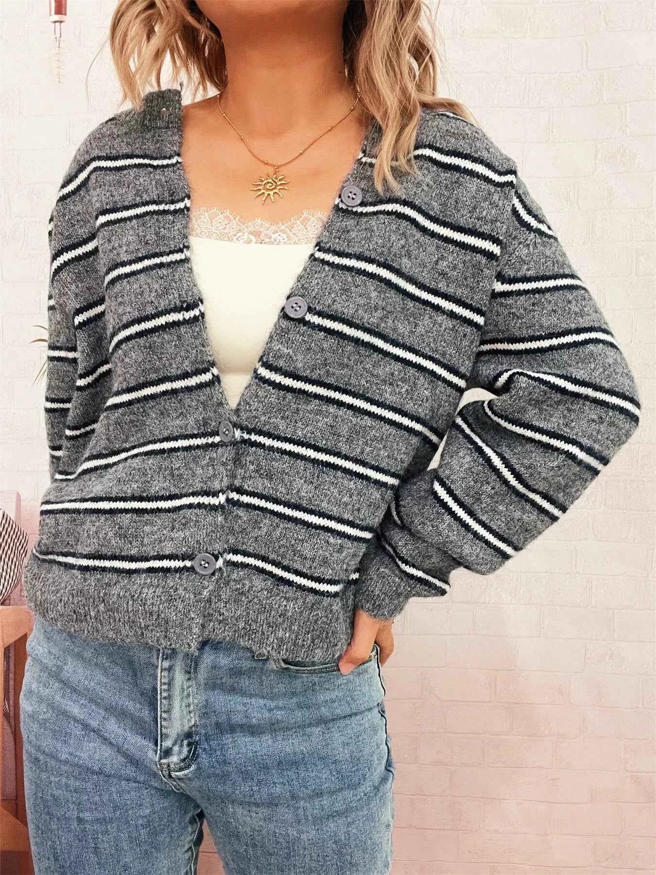 Striped Button-Up Long Sleeve Cardigan Gray One Size a83b538bf9d74bdf9a42c570e7ffdf74-Max-Origin