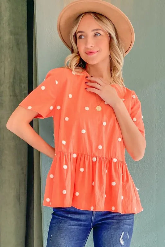 Pom Pom Polka Dot Short Sleeve Peplum Top with Pockets a843ace9249447ceb3e38c143df01e1d-Max-Origin