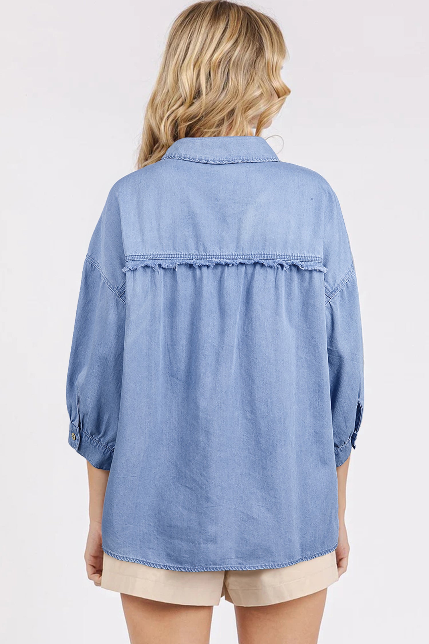 Myosotis Washed Drop Shoulder Bracelet Sleeve Chambray Shirt a84adc12cb3c5248