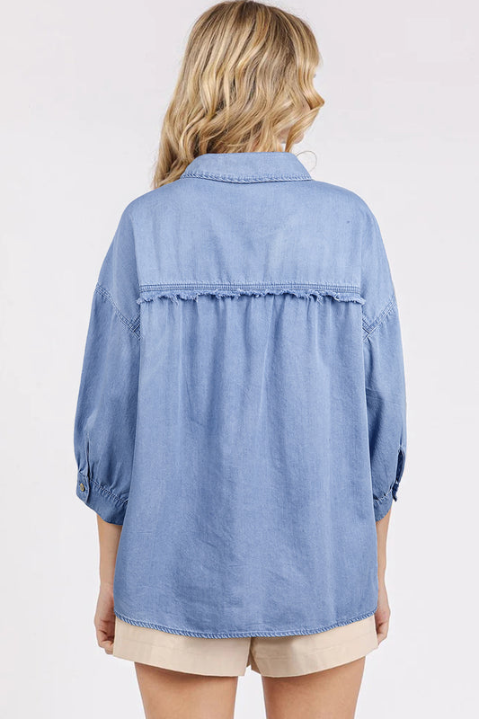 Myosotis Washed Drop Shoulder Bracelet Sleeve Chambray Shirt a84adc12cb3c5248