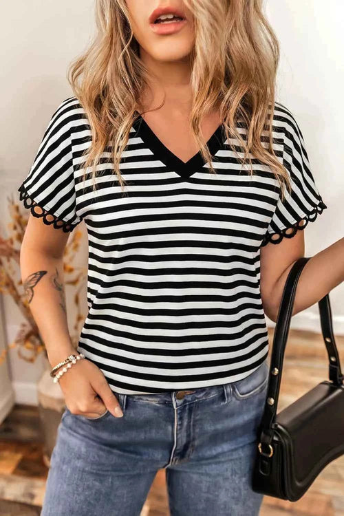 Striped Print V Neck Delicate Trim Casual Tee a84aed9b-f41b-4696-96f6-0633adec3ab2-Max-Origin