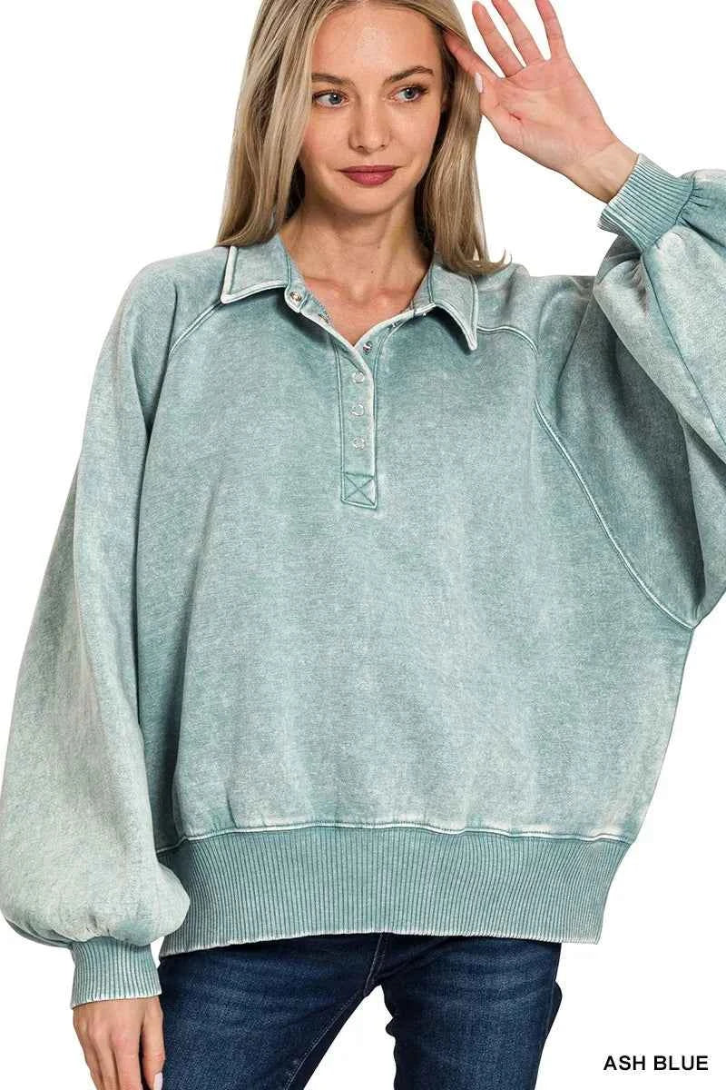 Zenana Acid Wash Fleece Collared Sweatshirt ASH BLUE a84b682300524af5ae7ec4fdde4e4189-Max-Origin