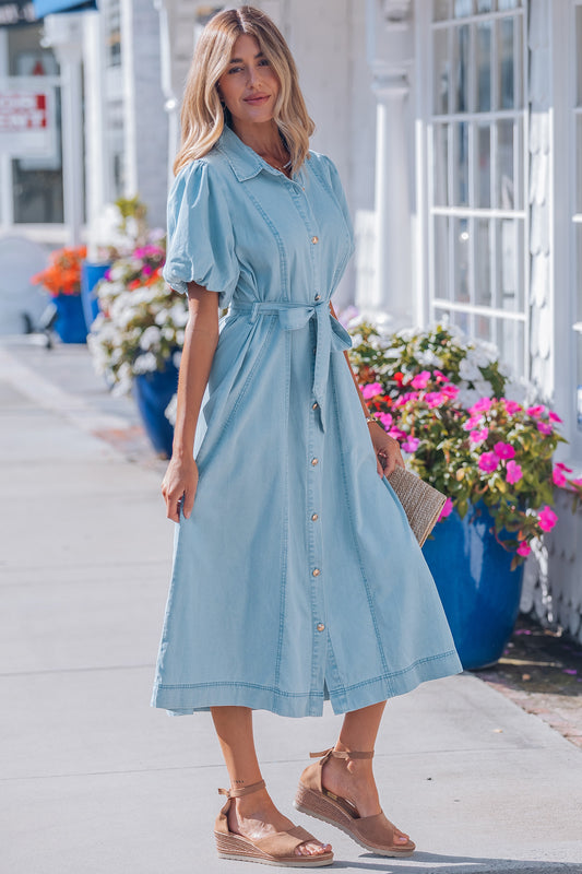 Beau Blue Full Buttons Collared Short Bubble Sleeve Long Denim Dress a8535cf444e4beb0