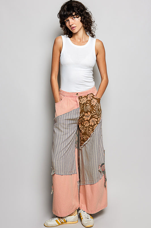 Striped Floral Patchwork Wide leg Pants with Side Big Star Patch a856c5cd-80de-4c77-ada8-50e8f54fb419-Max