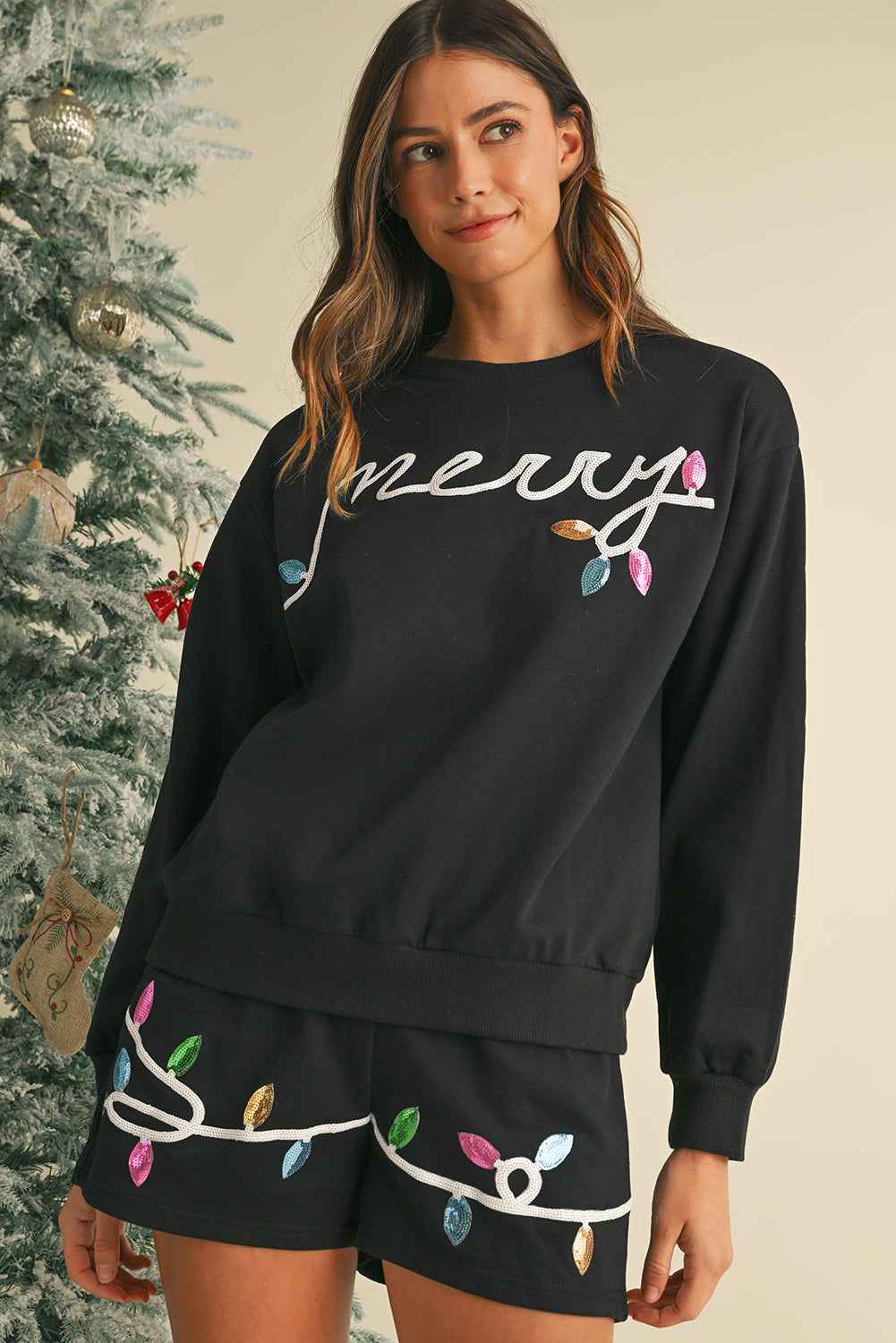 Black Sequin Merry Graphic Pullover and Shorts Set a857deb1d4ea7846