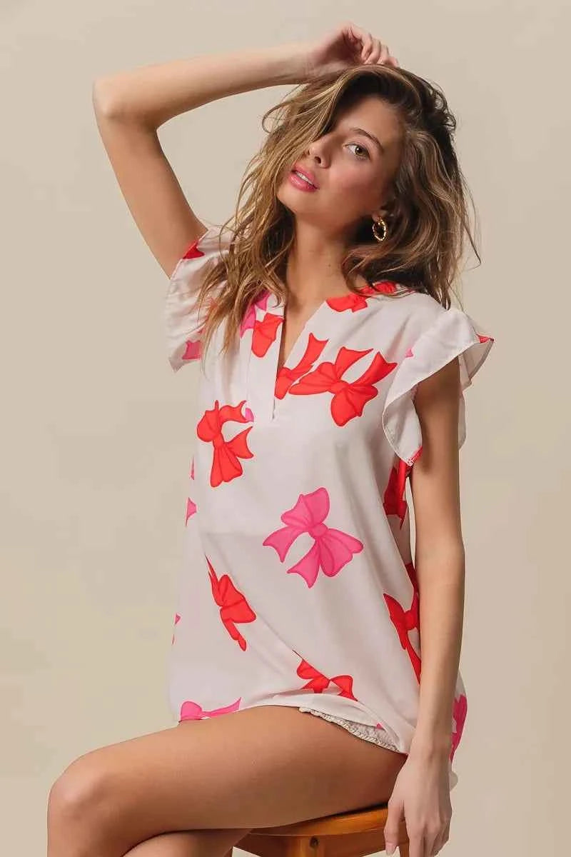 Bow Printed Woven Ruffled Sleeves V Neck Top a85c4caec3b04358951c6f8efede84c7-Max-Origin