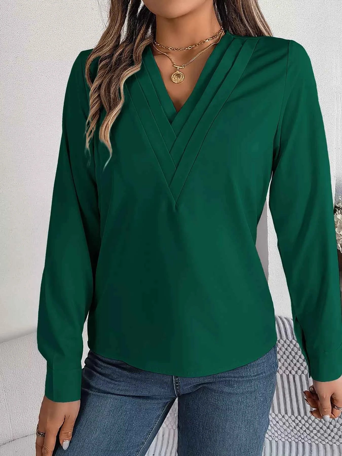 Layered V-Neck Long Sleeve Blouse Dark Green a85d7bd3-c57a-4581-801e-1996e4b6e3d4-Max-Origin